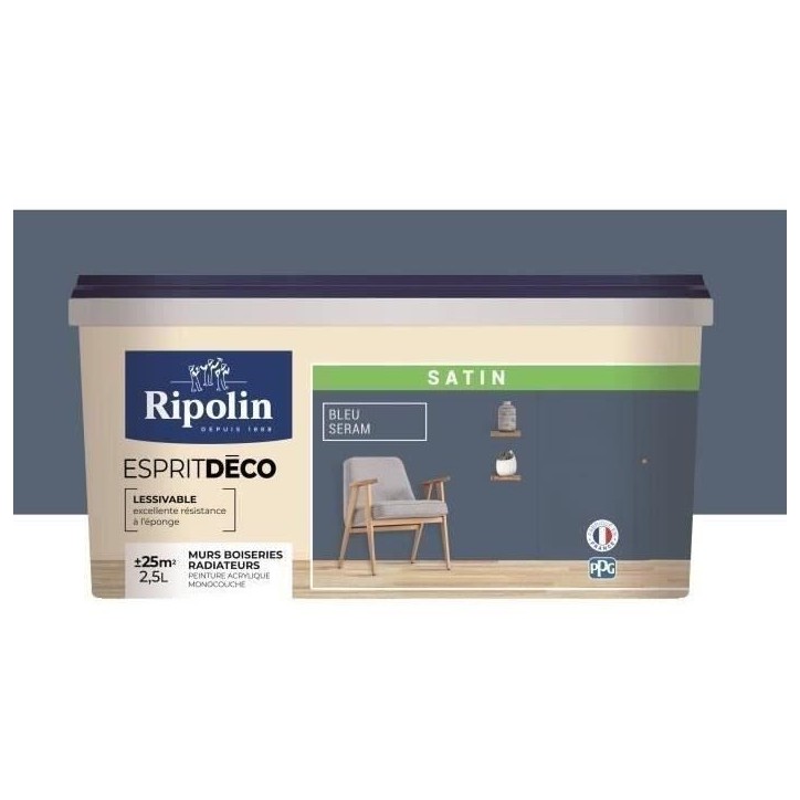 RIPOLIN Peinture Couleur Satin Ultra Couvrante pour Cuisine, Chambre, Salon, Salle, Entrée, Couloir - Bleu seram RIPOLIN Peinture Couleur Satin Ultra Couvrante pour Cuisine, Chambre, Salon, Salle, Entrée, Couloir - Bleu seram