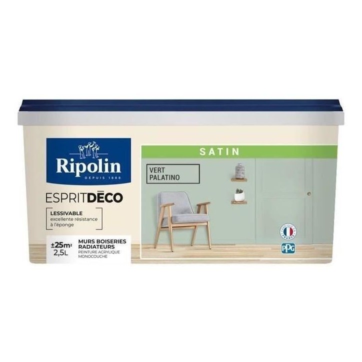 RIPOLIN Peinture Couleur Satin Ultra Couvrante pour Cuisine, Chambre, Salon, Salle, Entrée, Couloir - Vert Palatino
