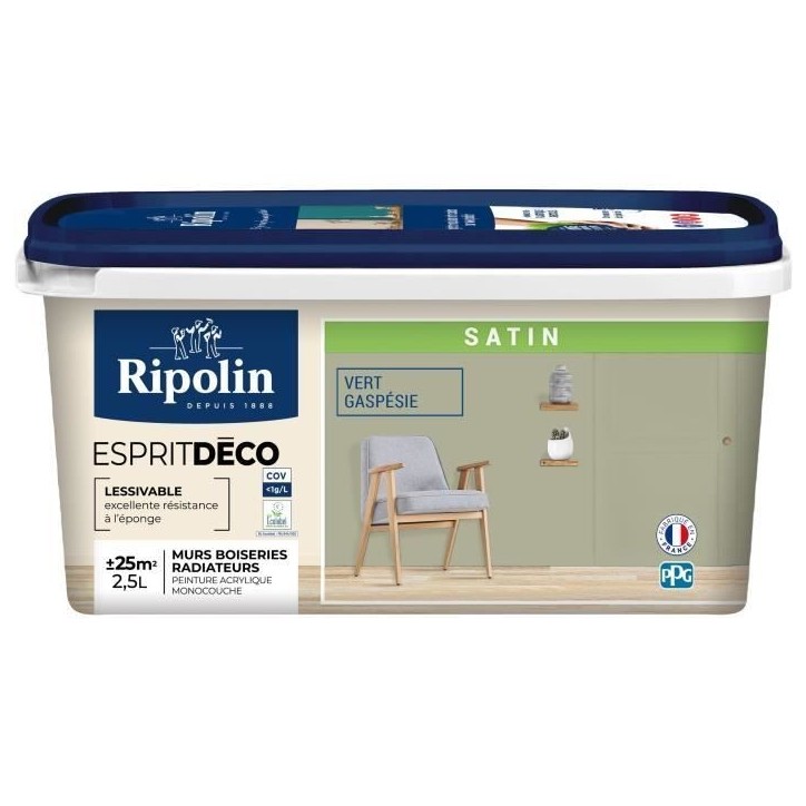 Peinture esprit deco multi-supports - RIPOLIN - 445877 - Vert gaspesie - Satin - 2,5 L Peinture esprit deco multi-supports - RIPOLIN - 445877 - Vert gaspesie - Satin - 2,5 L