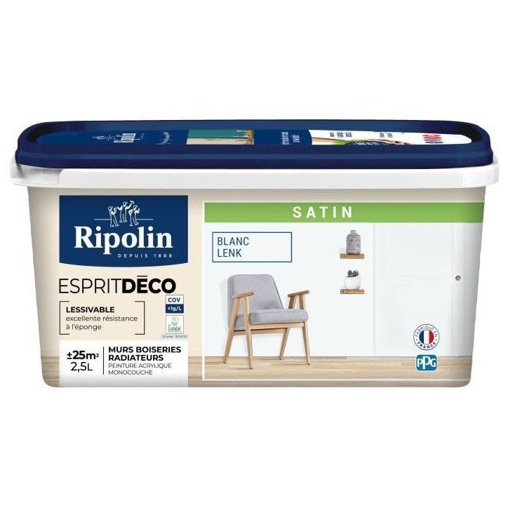 Peinture esprit deco multi-supports - RIPOLIN - 446523 - Blanc lenk - Satin - 2,5 L
