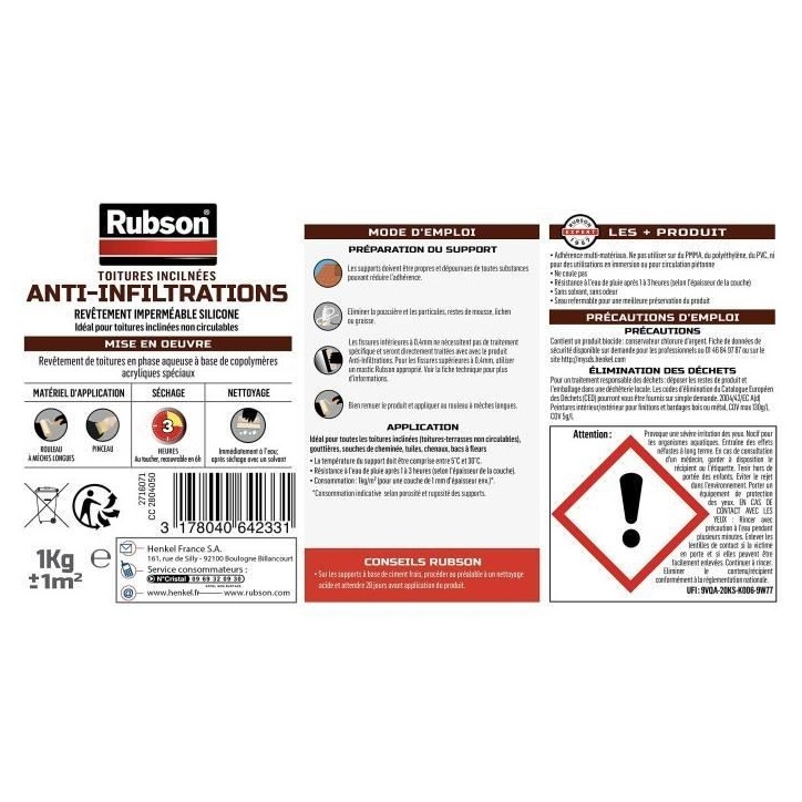 Revetement imperméable - RUBSON - Anti-infiltrations - 1kg - 100% Silicone - Résistant aux UV Revetement imperméable - RUBSON - Anti-infiltrations - 1kg - 100% Silicone - Résistant aux UV