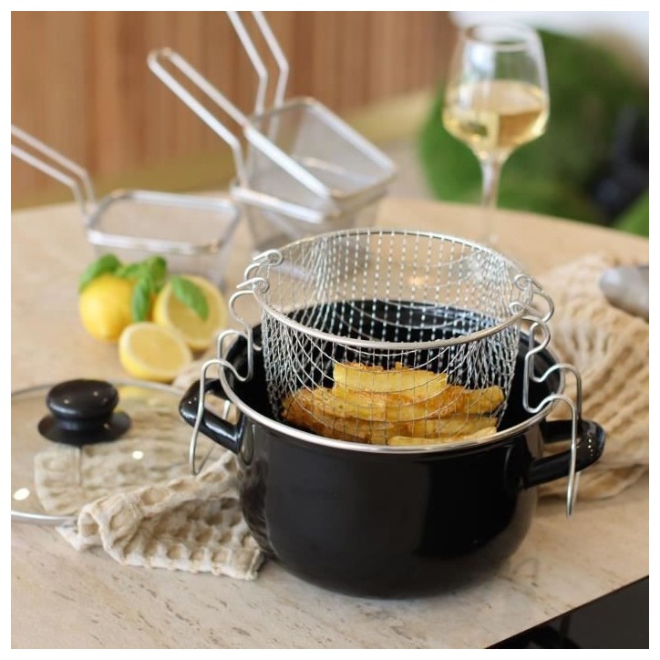 Friteuse - MENASTYL - 3645580 - En acier émaillé - Noir - 26 cm - Avec couvercle et panier - Tous feux dont induction