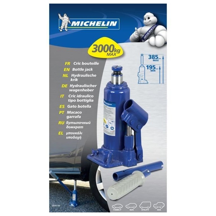 Cric hydraulique bouteille 3 tonnes hauteur levage 195mm a 385mm - MICHELIN - Pour le lavage de voiture, SUV, utilitaires, 4x4.