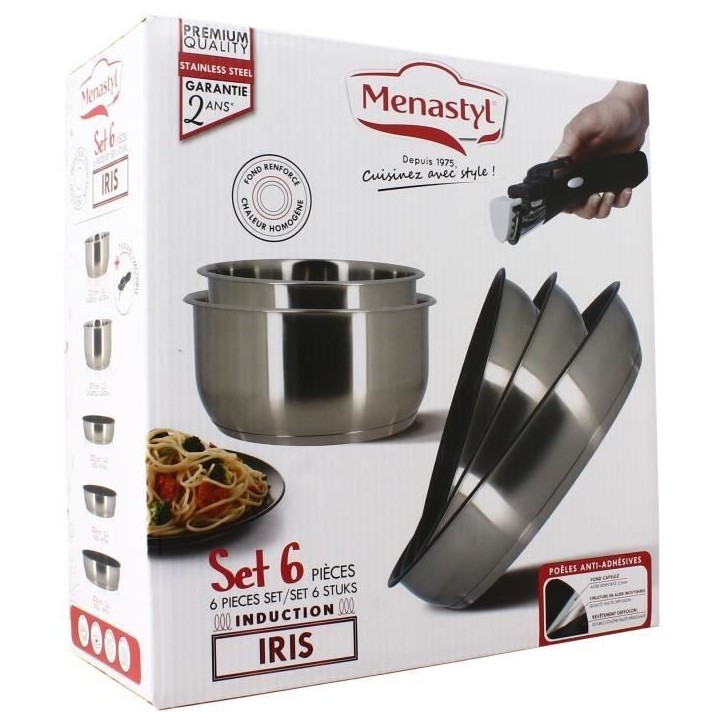 Batterie de cuisine - Induction - MENASTYL - 7930018 - Inox - 6 pieces - Poignée amovible - Gris