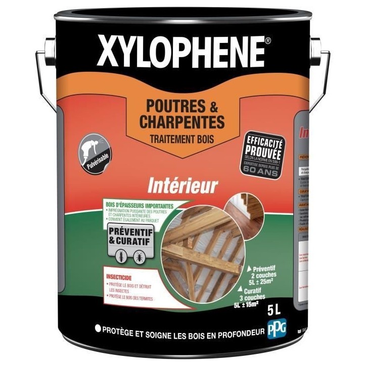 Traitement Poutres & Charpentes - Xylophene - 5L - Incolore - Insecticide - Anti-Termites Traitement Poutres & Charpentes - Xylophene - 5L - Incolore - Insecticide - Anti-Termites