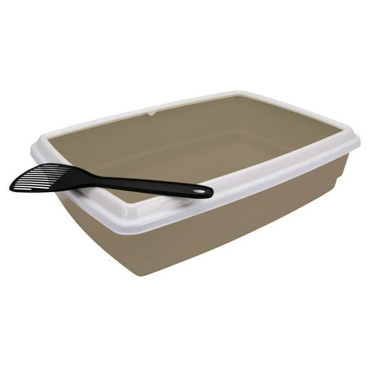 Bac a litiere avec rebord + Pelle - AIME - Pour chat - Taupe - 44 x 34 x 11 cm