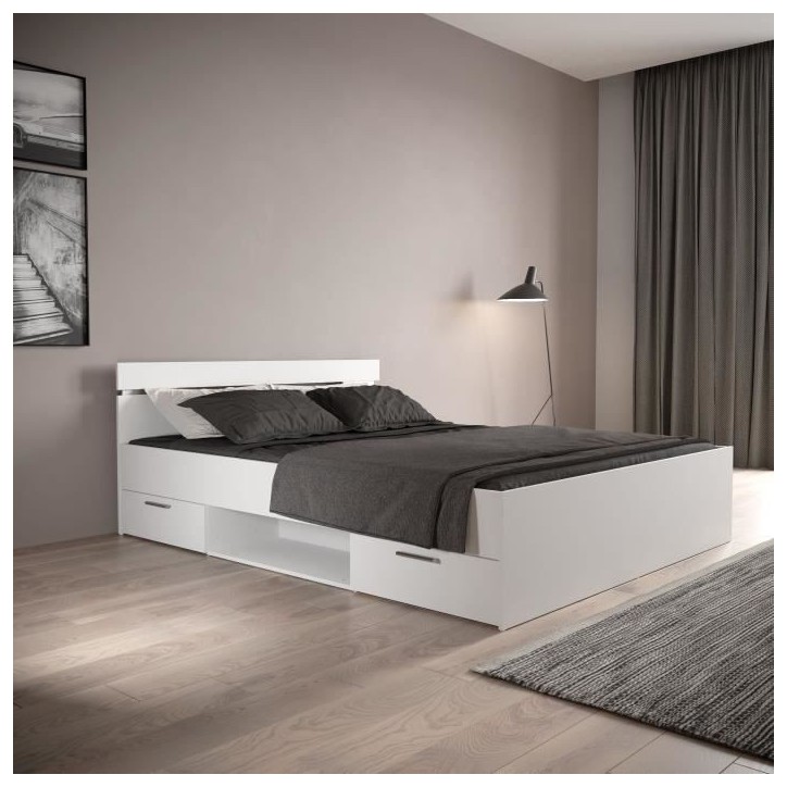 Demeyere Lit adulte MICHIGAN - 160 x 200 cm - Multiples rangements - Blanc Demeyere Lit adulte MICHIGAN - 160 x 200 cm - Multiples rangements - Blanc