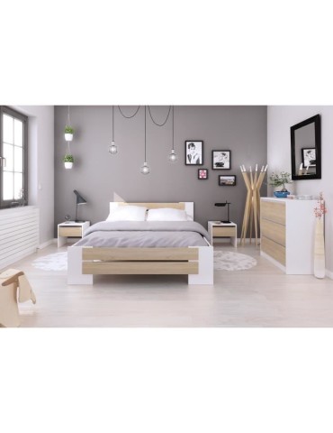 MAO Chambre adulte complete - Contemporain - Blanc mat et décor chene sonoma - l 140 x L 190 cm