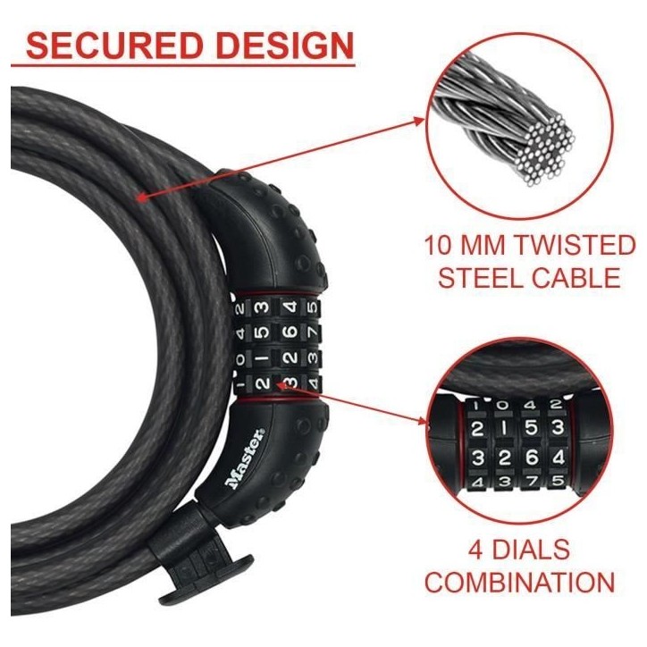 Antivol pour vélo - MASTER LOCK - 8120EURDPRO - Câble torsadé en acier - 1,8 m de longueur Antivol pour vélo - MASTER LOCK - 8120EURDPRO - Câble torsadé en acier - 1,8 m de longueur