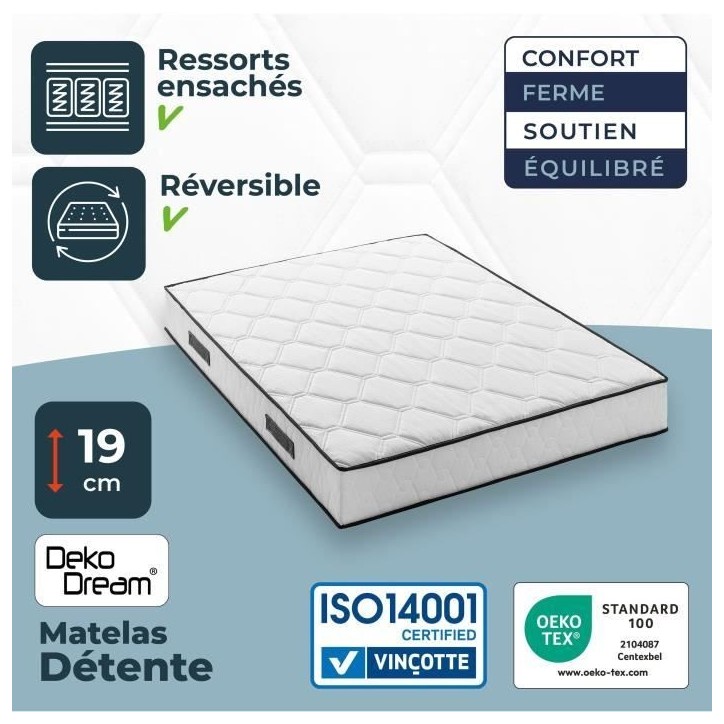 Ensemble matelas sommier 160 x 200 cm Hauteur 19 cm - ressorts ensachés - 7 zones - réversible - fabriqué en Belgique - DEKO