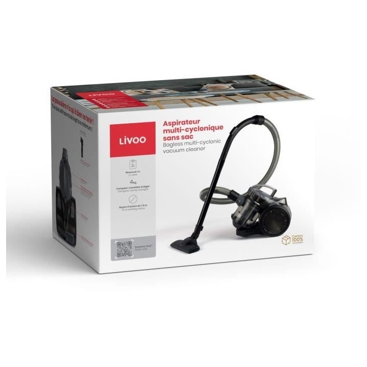 Aspirateur multi-cyclonique - LIVOO DOH105G - 700 W - 2 L - Filtre lavable - 78 dB - Gris Aspirateur multi-cyclonique - LIVOO DOH105G - 700 W - 2 L - Filtre lavable - 78 dB - Gris