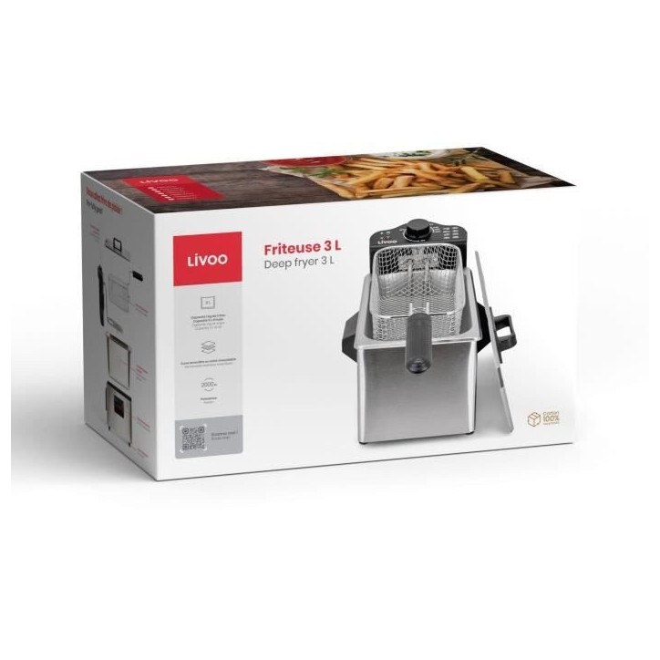 Friteuse 3 L - LIVOO - DOC216 - 2000W - 3L - Cuve amovible en acier inoxydable - Panier a friture amovible - Thermostat réglabl