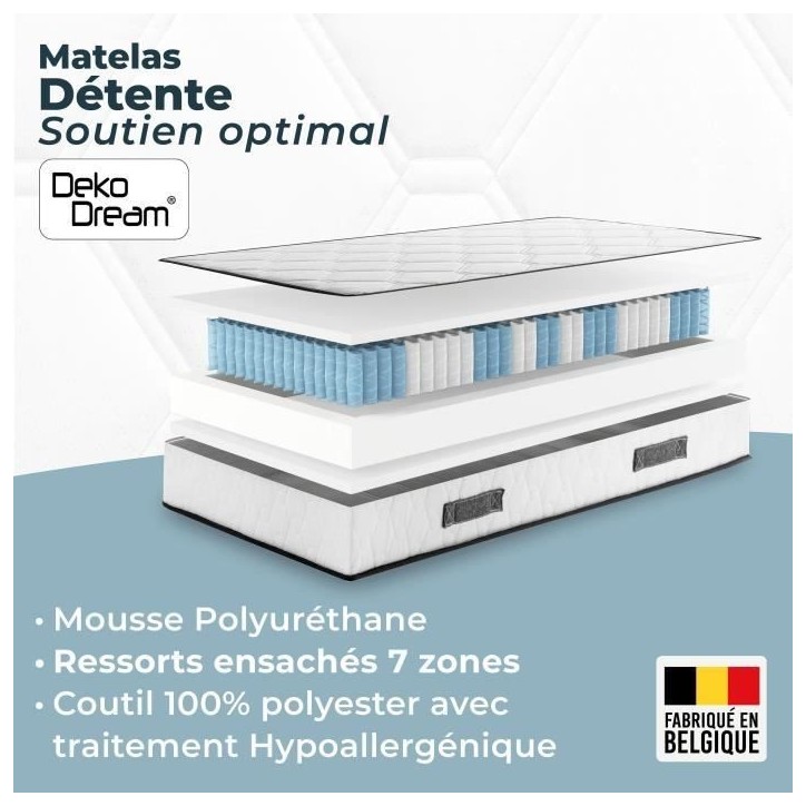 Ensemble matelas sommier 160 x 200 cm Hauteur 19 cm - ressorts ensachés - 7 zones - réversible - fabriqué en Belgique - DEKO
