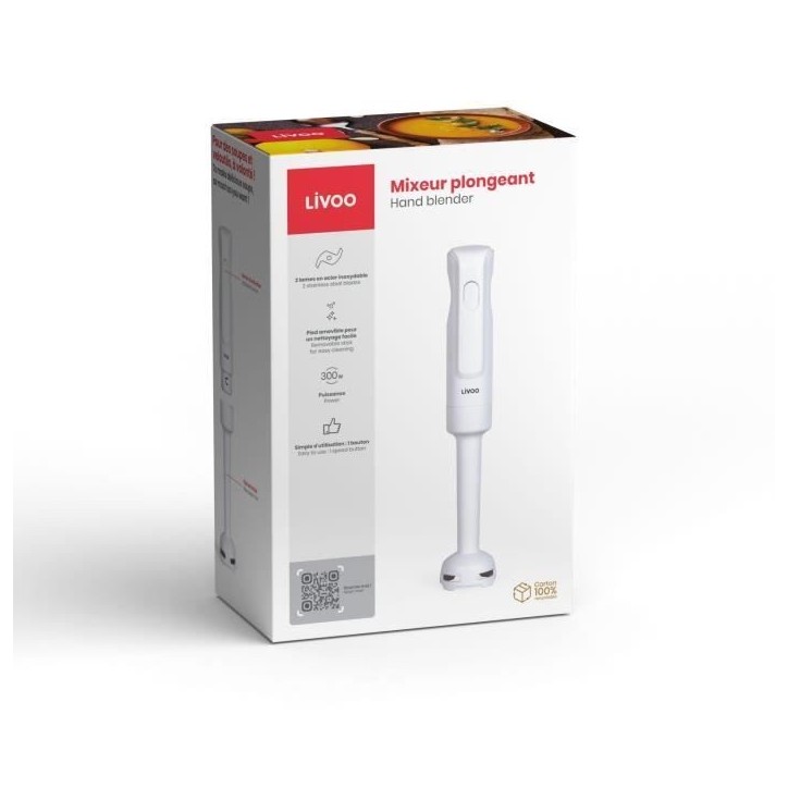 Mixeur plongeant - LIVOO - 300 W - 2 lames inox - 1 vitesse - Blanc Mixeur plongeant - LIVOO - 300 W - 2 lames inox - 1 vitesse - Blanc