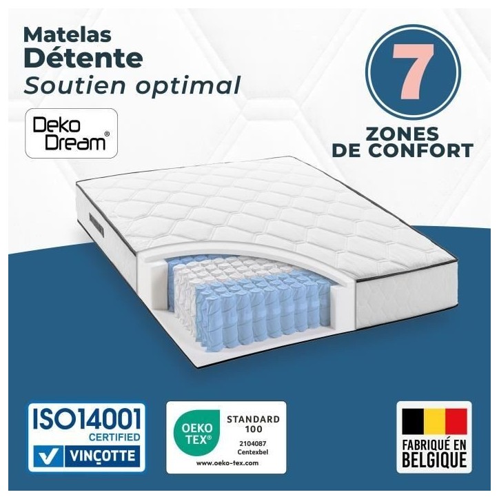 Ensemble matelas sommier 140 x 190 cm Hauteur 27 cm - ressorts ensachés - 7 zones - réversible - fabriqué en Belgique - DEKO