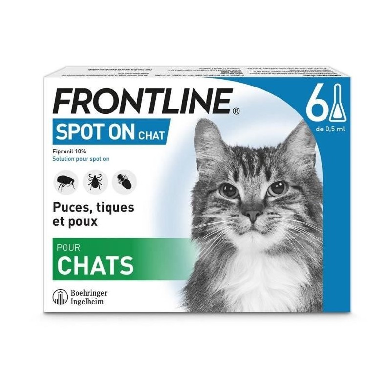 Frontline Spot On chat - Anti-puces anti-tiques pour chat - 6 pipettes Frontline Spot On chat - Anti-puces anti-tiques pour chat - 6 pipettes