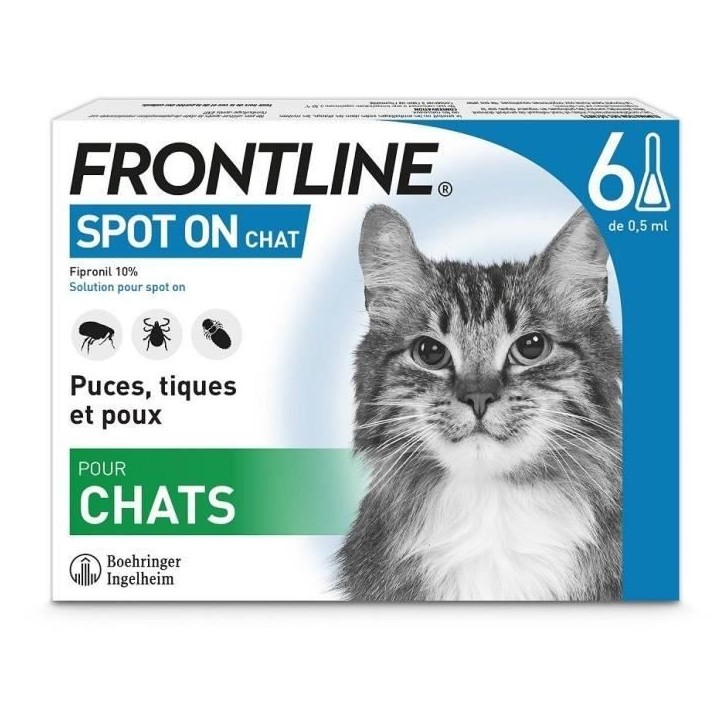 Frontline Spot On chat - Anti-puces anti-tiques pour chat - 6 pipettes Frontline Spot On chat - Anti-puces anti-tiques pour chat - 6 pipettes