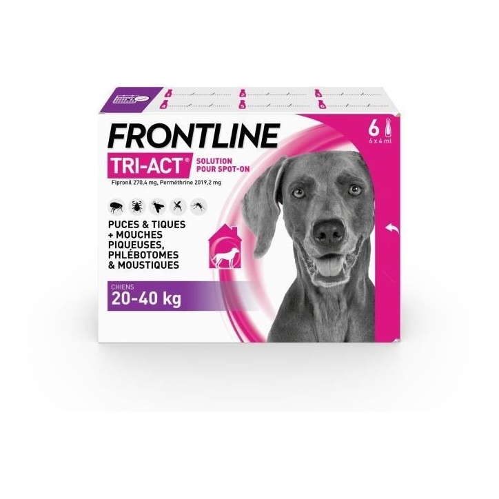 Frontline Tri-Act chien - Anti-puces anti-tiques pour chien L - 20-40kg - 6 pipettes