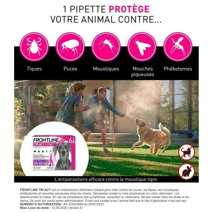 Frontline Tri-Act chien - Anti-puces anti-tiques pour chien L - 20-40kg - 6 pipettes