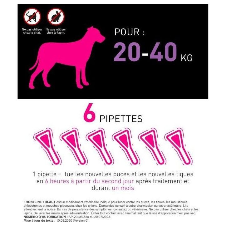 Frontline Tri-Act chien - Anti-puces anti-tiques pour chien L - 20-40kg - 6 pipettes