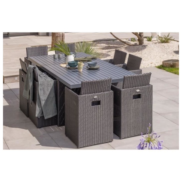 Ensemble repas de jardin encastrable - Noir - Résine tressée et plateau aluminium - 8 places - PVC-8-ALU-N - DCB GARDEN