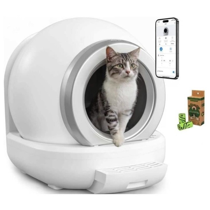 KITTY - Litiere autonettoyante pour chats 65 L démontable et lavable - Connectivité APP- 57 x 50 x 53 cm