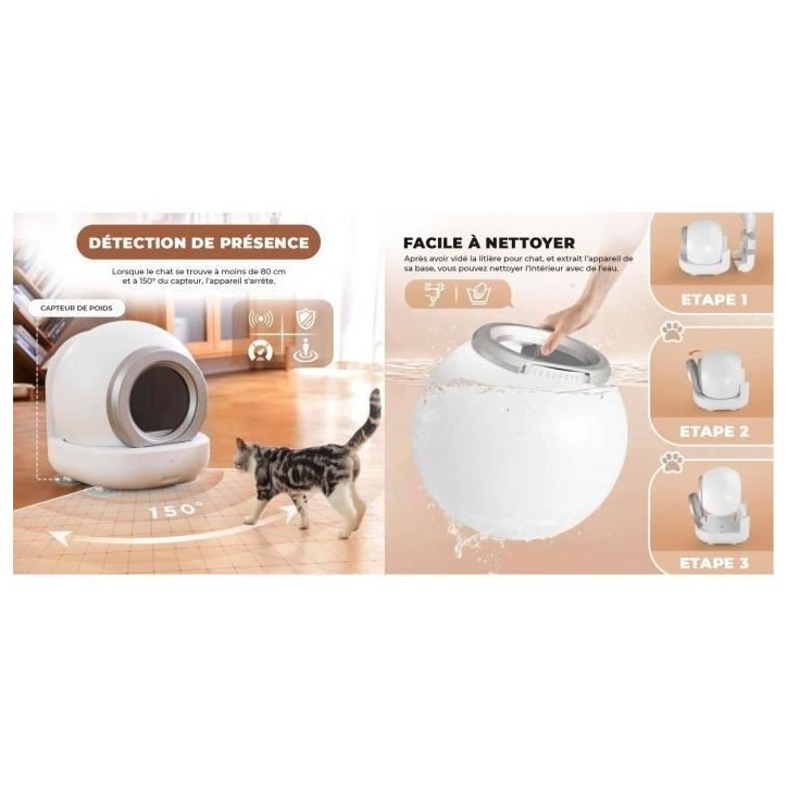 KITTY - Litiere autonettoyante pour chats 65 L démontable et lavable - Connectivité APP- 57 x 50 x 53 cm