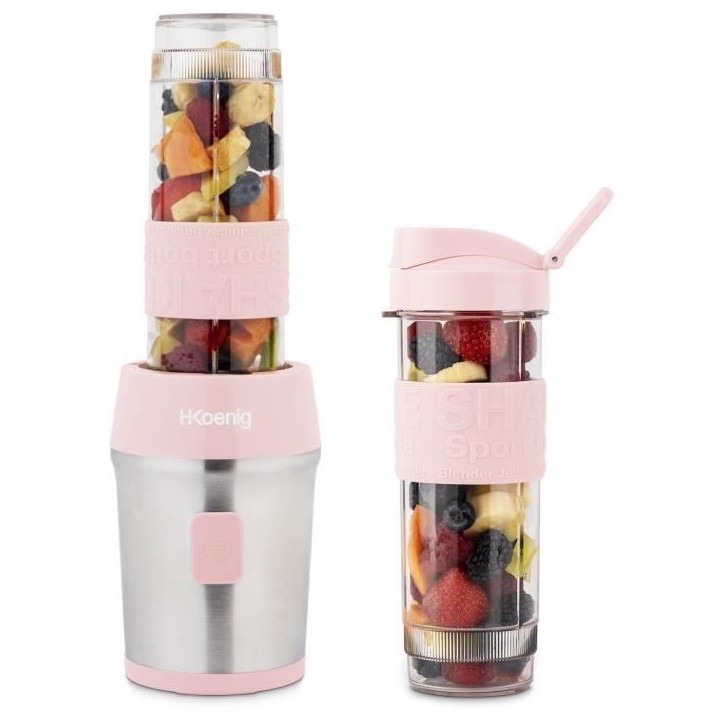 Mini blender - H.KoeNIG - SMOO12 - 300 W - 570 mL - Rose pastel - 2 gourdes incluses - Sans BPA Mini blender - H.KoeNIG - SMOO12 - 300 W - 570 mL - Rose pastel - 2 gourdes incluses - Sans BPA