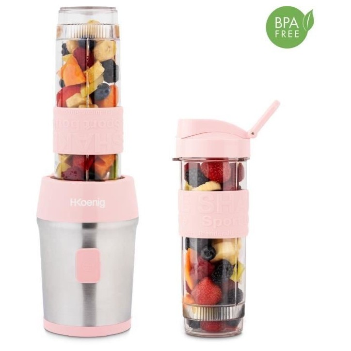Mini blender - H.KoeNIG - SMOO12 - 300 W - 570 mL - Rose pastel - 2 gourdes incluses - Sans BPA Mini blender - H.KoeNIG - SMOO12 - 300 W - 570 mL - Rose pastel - 2 gourdes incluses - Sans BPA