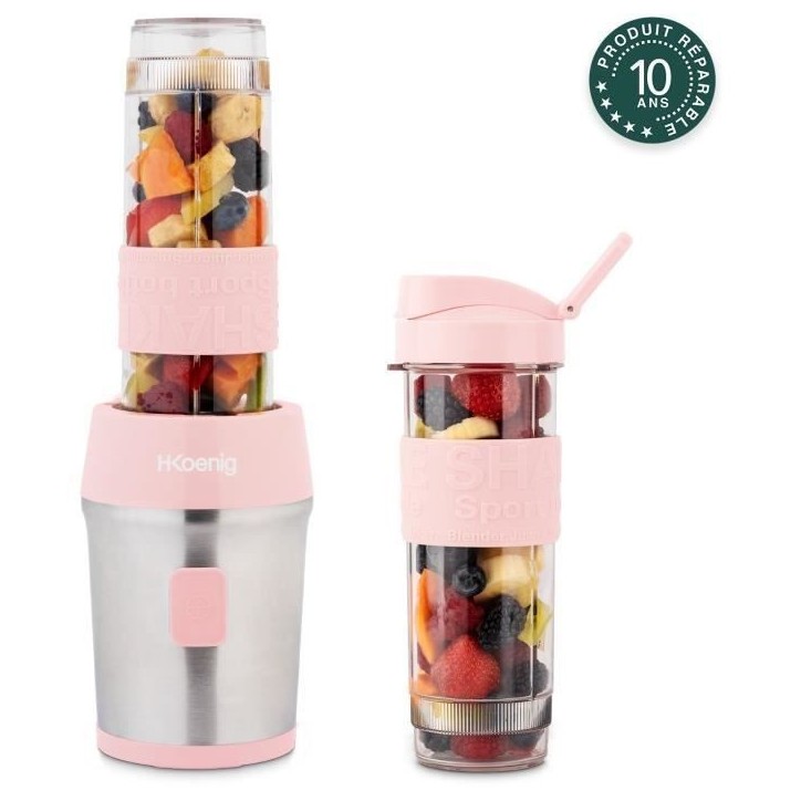 Mini blender - H.KoeNIG - SMOO12 - 300 W - 570 mL - Rose pastel - 2 gourdes incluses - Sans BPA Mini blender - H.KoeNIG - SMOO12 - 300 W - 570 mL - Rose pastel - 2 gourdes incluses - Sans BPA