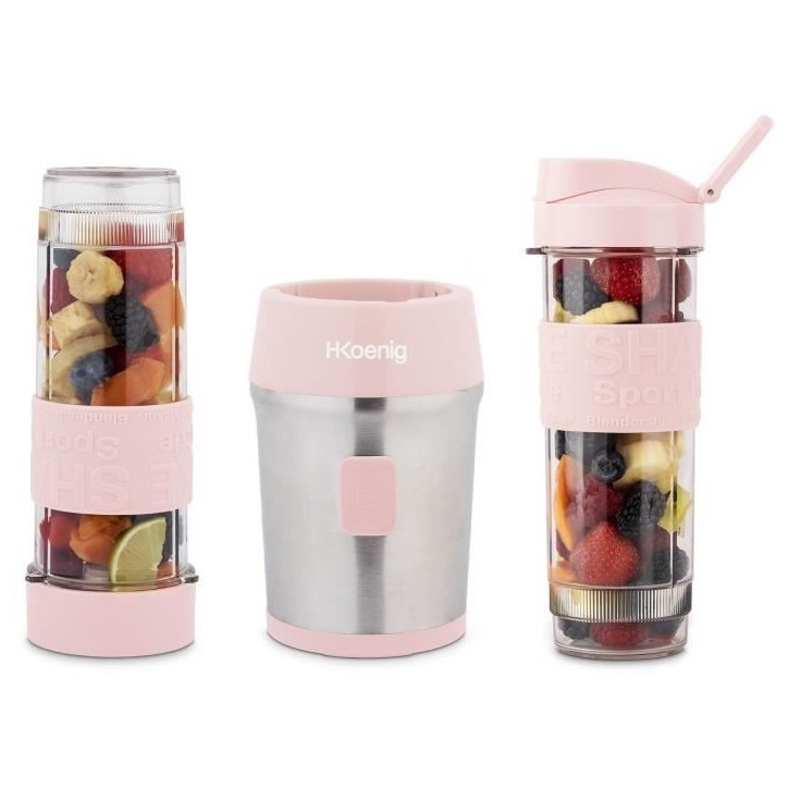 Mini blender - H.KoeNIG - SMOO12 - 300 W - 570 mL - Rose pastel - 2 gourdes incluses - Sans BPA Mini blender - H.KoeNIG - SMOO12 - 300 W - 570 mL - Rose pastel - 2 gourdes incluses - Sans BPA