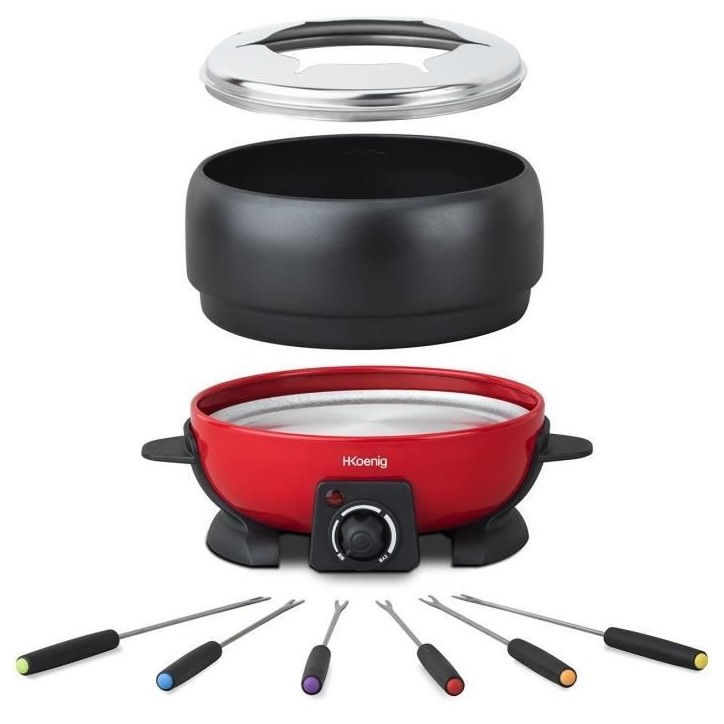 Appareil a fondue HKoeNIG - ALP1800 - Jusqu'a 6 personnes - Capacité 2L - Thermostat réglable jusqu'a 190°C - 800W - Rouge/No