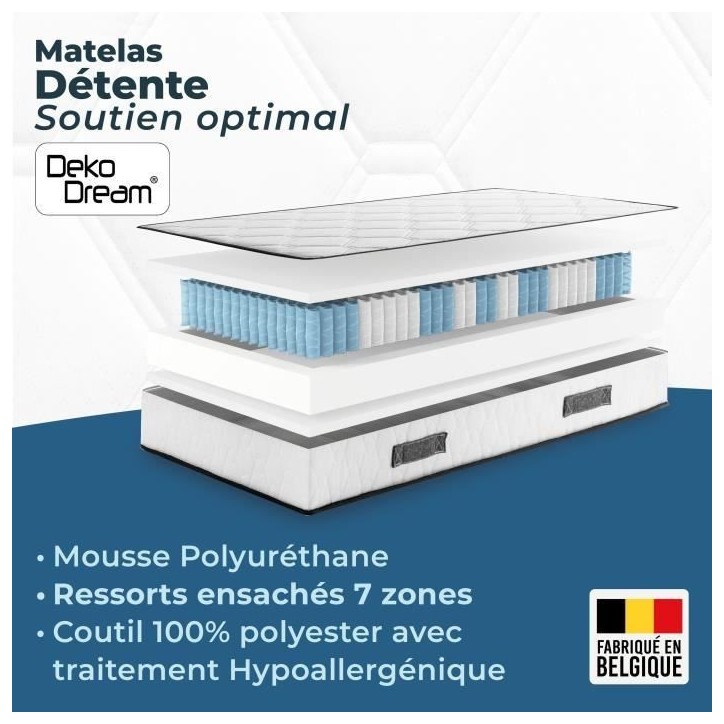 Ensemble matelas sommier 180 x 200 cm Hauteur 27 cm - ressorts ensachés - 7 zones - réversible - fabriqué en Belgique - DEKO