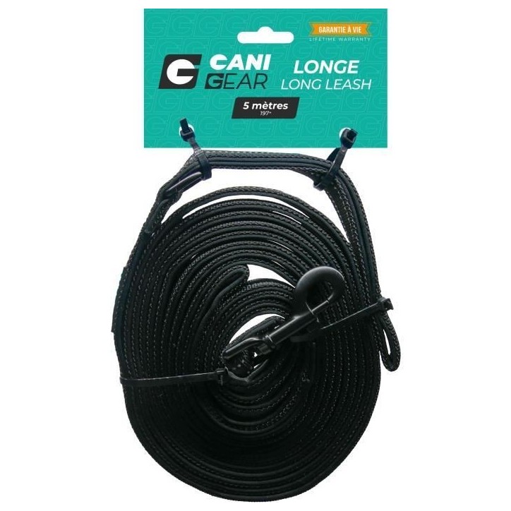 Longe pour chien - CANI GEAR - 5 m - Néoprene souple avec poignée - Noir Longe pour chien - CANI GEAR - 5 m - Néoprene souple avec poignée - Noir