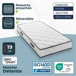 Ensemble matelas sommier 90 x 190 cm Hauteur 19 cm - ressorts ensaché