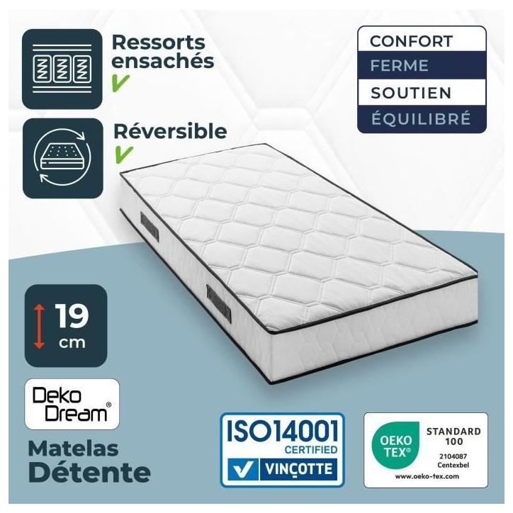 Ensemble matelas sommier 90 x 190 cm Hauteur 19 cm - ressorts ensachés - 7 zones - réversible - fabriqué en Belgique - DEKO D