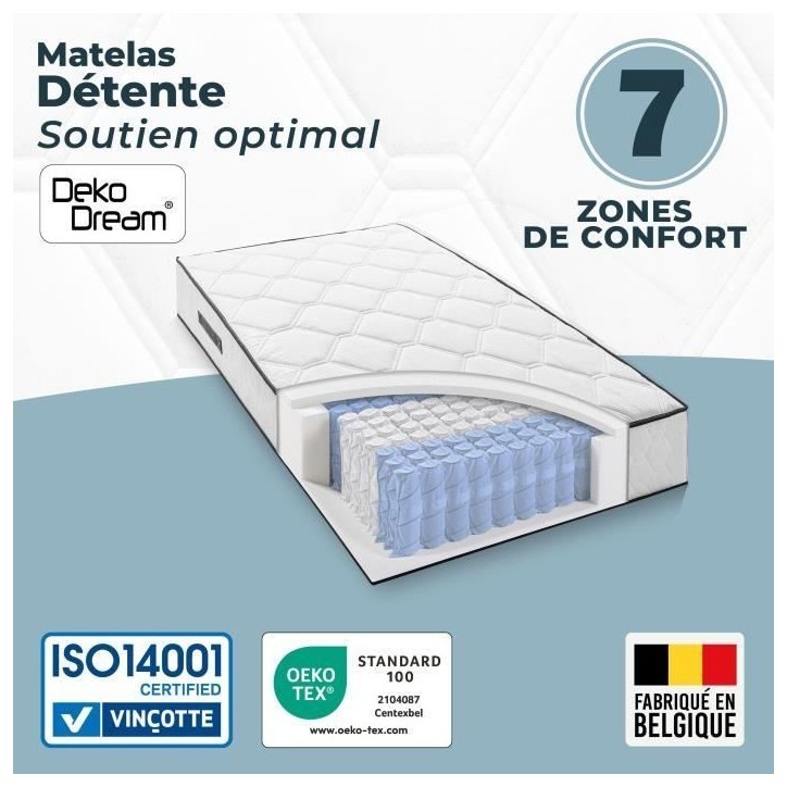 Ensemble matelas sommier 90 x 190 cm Hauteur 19 cm - ressorts ensachés - 7 zones - réversible - fabriqué en Belgique - DEKO D