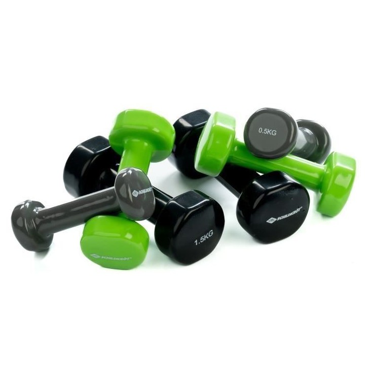 Set d'halteres - SCHILDKROT - 2 x 0,5kg anthracite - 2 x 1,0kg vert citron - 2 x 1,5kg noir - fonte + vinyle - Valise avec poig Set d'halteres - SCHILDKROT - 2 x 0,5kg anthracite - 2 x 1,0kg vert citron - 2 x 1,5kg noir - fonte + vinyle - Valise avec poig