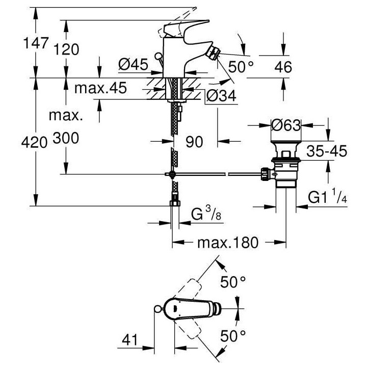 Mitigeur monocommande bidet - GROHE - Start Flow - Hauteur sous bec 46mm - Economie d'eau - Chromé Mitigeur monocommande bidet - GROHE - Start Flow - Hauteur sous bec 46mm - Economie d'eau - Chromé
