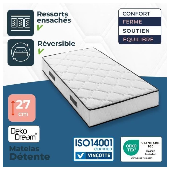 Ensemble matelas sommier 90 x 200 cm Hauteur 27 cm - ressorts ensachés - 7 zones - réversible - fabriqué en Belgique - DEKO D