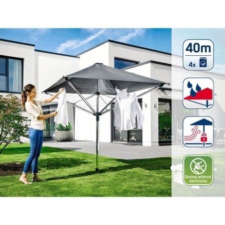 Séchoir parapluie Leifheit LinoProtect 400 82100, étendoir a linge parapluie avec toit étanche et douille, 40m d'étendage, g