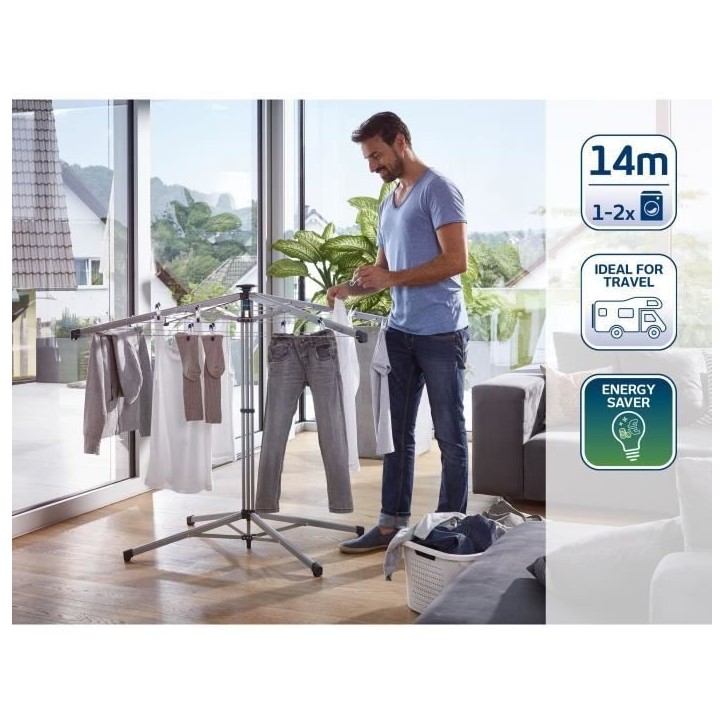 Séchoir parapluie Leifheit 140 LinoPop-Up 82500, étendoir intérieur et extérieur avec 14m d'étendage, transport et rangemen
