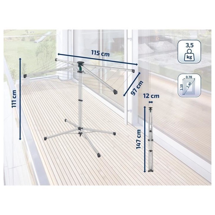 Séchoir parapluie Leifheit 140 LinoPop-Up 82500, étendoir intérieur et extérieur avec 14m d'étendage, transport et rangemen