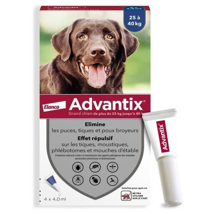 Advantix Chien Solution Antiparasitaire Grande Race 25 a 40kg 4 pipettes Advantix Chien Solution Antiparasitaire Grande Race 25 a 40kg 4 pipettes