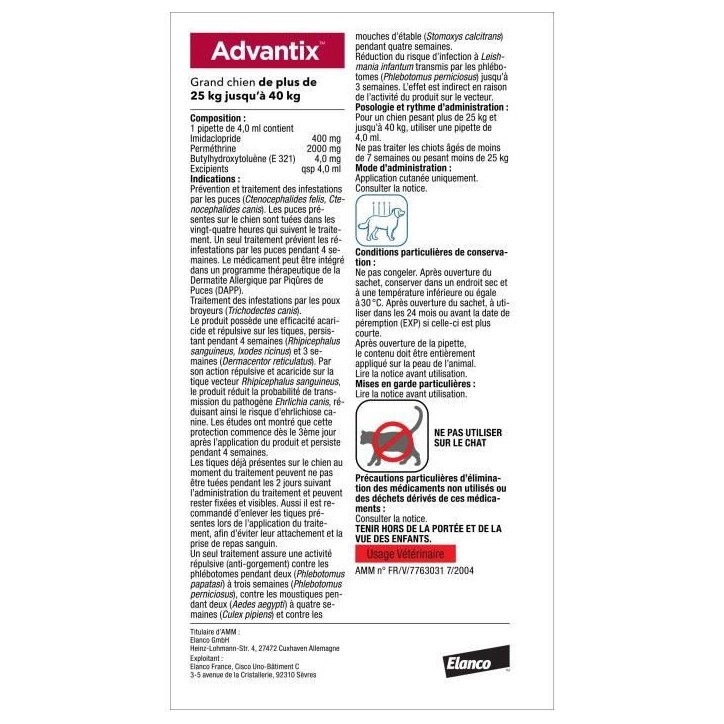 Advantix Chien Solution Antiparasitaire Grande Race 25 a 40kg 4 pipettes Advantix Chien Solution Antiparasitaire Grande Race 25 a 40kg 4 pipettes