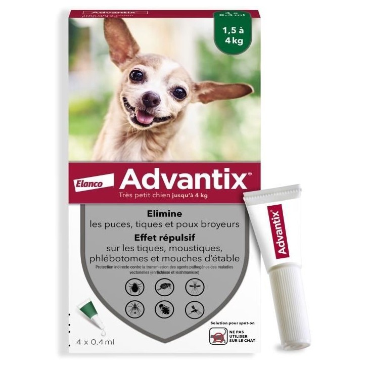 Advantix Chien Solution Antiparasitaire Puces Tiques Répulsif Mouches Moustiques Phlébotomes 1,5 a 4kg 4 pipettes Advantix Chien Solution Antiparasitaire Puces Tiques Répulsif Mouches Moustiques Phlébotomes 1,5 a 4kg 4 pipettes