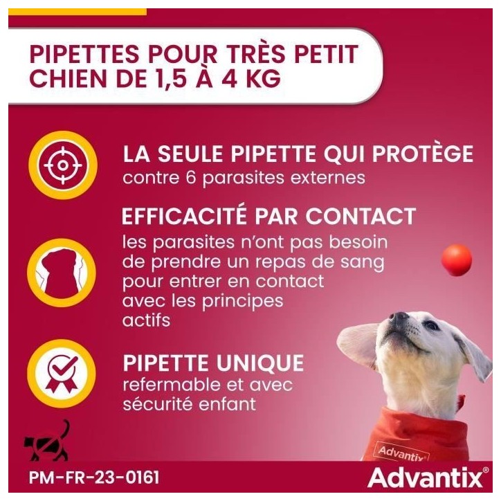 Advantix Chien Solution Antiparasitaire Puces Tiques Répulsif Mouches Moustiques Phlébotomes 1,5 a 4kg 4 pipettes Advantix Chien Solution Antiparasitaire Puces Tiques Répulsif Mouches Moustiques Phlébotomes 1,5 a 4kg 4 pipettes