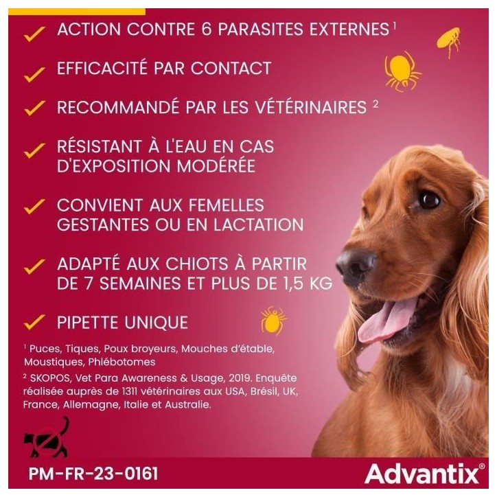 Advantix Chien Solution Antiparasitaire Puces Tiques Répulsif Mouches Moustiques Phlébotomes 1,5 a 4kg 4 pipettes Advantix Chien Solution Antiparasitaire Puces Tiques Répulsif Mouches Moustiques Phlébotomes 1,5 a 4kg 4 pipettes