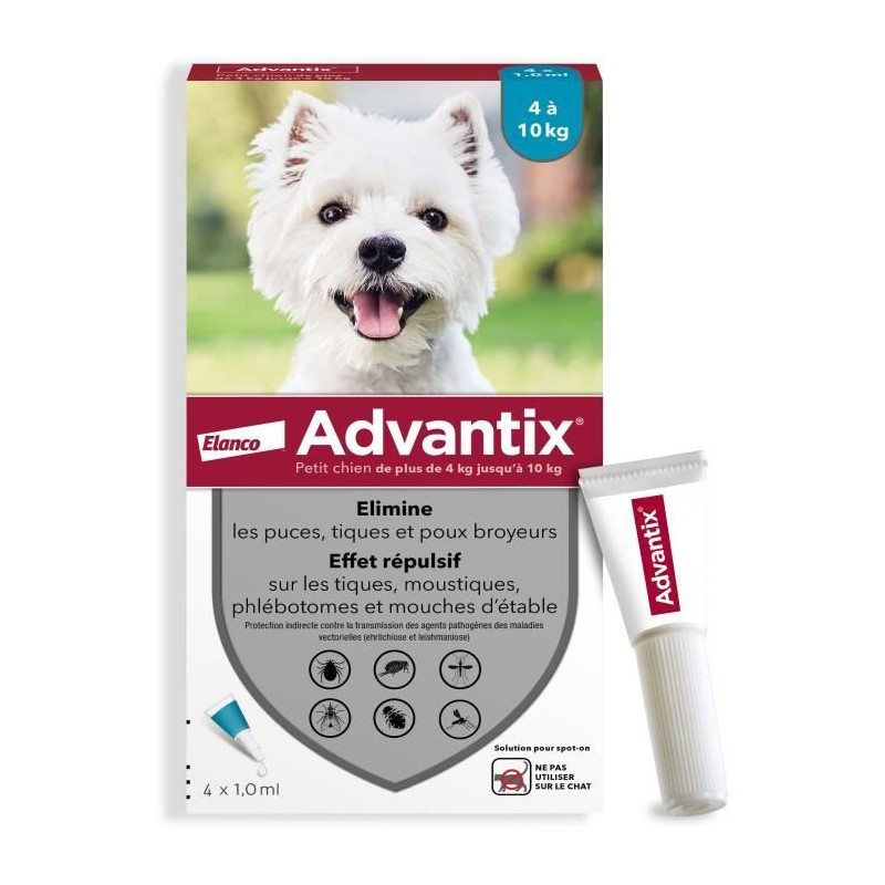 ADVANTIX Chien Solution Antiparasitaire Petite Race 4 a 10kg 4 pipette ADVANTIX Chien Solution Antiparasitaire Petite Race 4 a 10kg 4 pipette