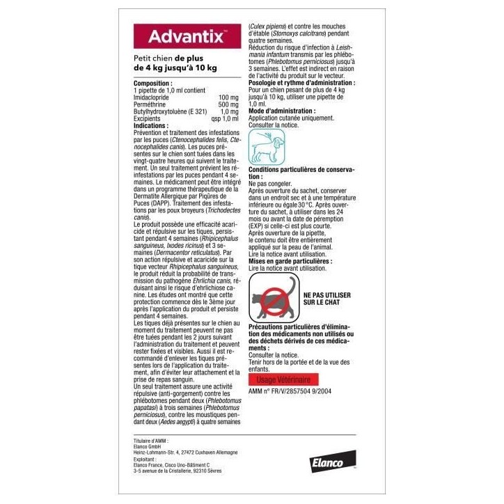 ADVANTIX Chien Solution Antiparasitaire Petite Race 4 a 10kg 4 pipettes